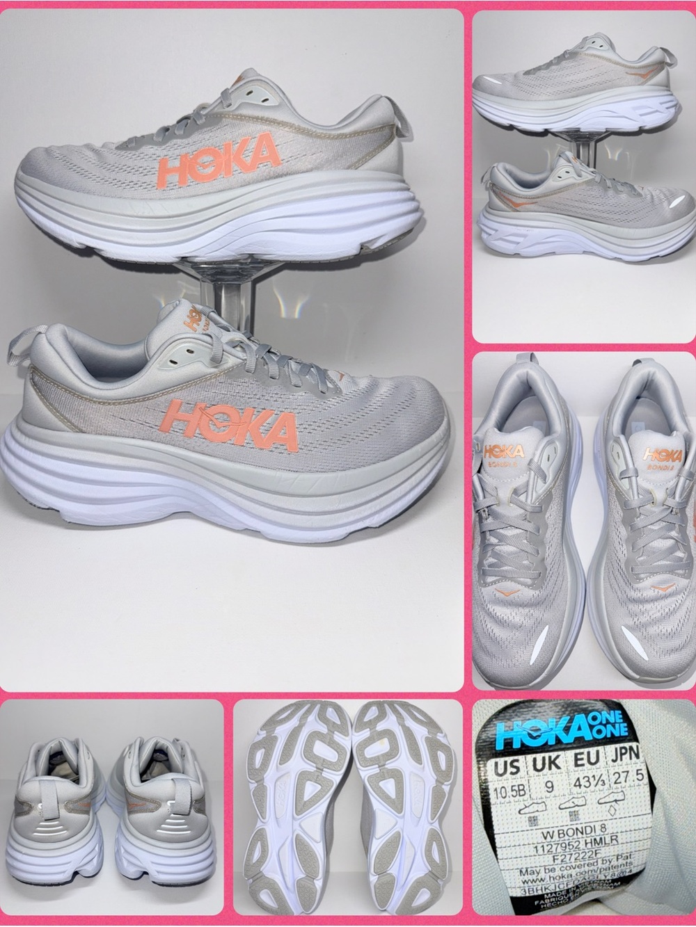 HOKA Women's Bondi 8 Running Shoes — Light Gray with Peach Logo